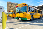 Electric school buses charge in a parking lot, under a canopy.