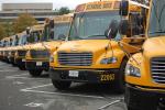 Front view of several electric school buses lined up in a bus depot.